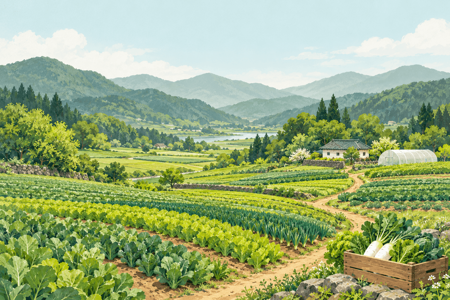 산과 밭, 수확한 채소가 있는 농장 풍경